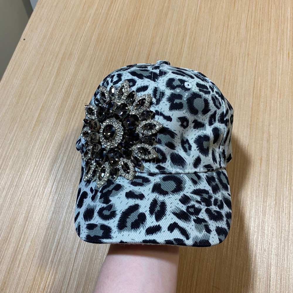 Leopard Print Rhinestone Embellished Baseball Cap Grey Black Animal Print Hat